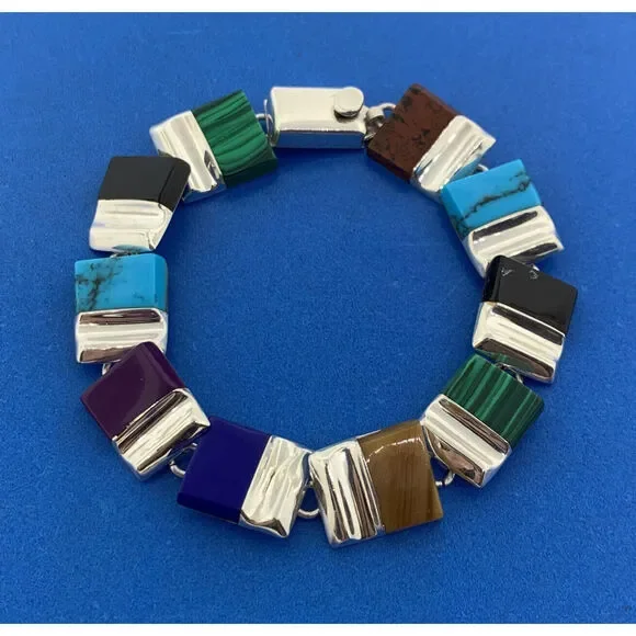 Vintage Designer Taxco Sterling Silver Mixed Colored Gemstone Cabochon Bracelet
